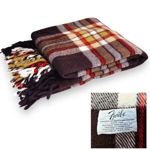 Vtg Faribo Tartan Plaid W/ Fringe Throw Blanket Brown 54"x57" Fall Winter Poncho